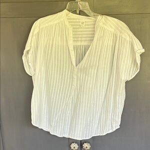GAP White Semi-Sheer Vertical-Stripe V-Neck cotton top large